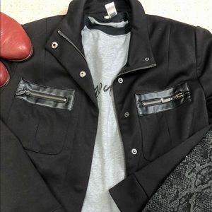 Chico’s black fabric and faux leather trim